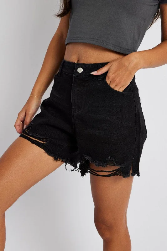 Black High Rise Denim Shorts Relaxed