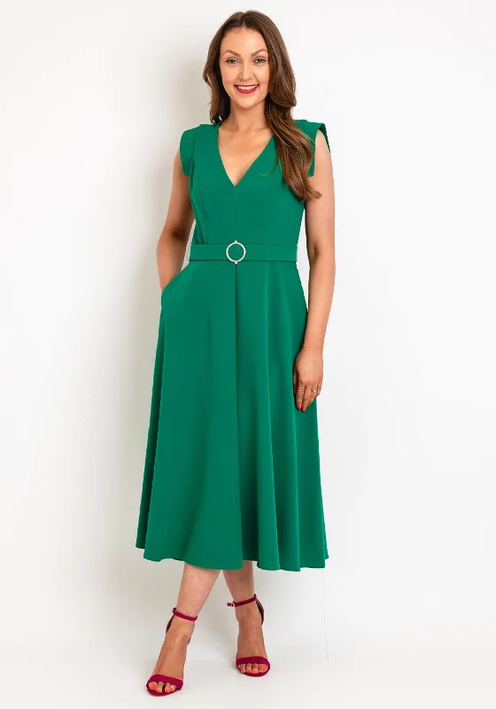 Castings Belted Waist, A-Line Midi Dress, Green