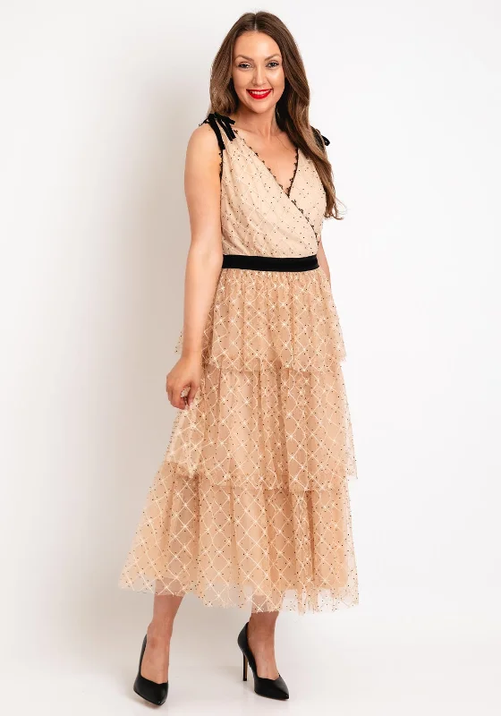 Fee G Beaded Mesh Tiered Midi Dress, Nude