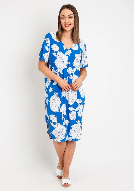 Freequent Floi Floral Print V Neck Dress, Chambray Blue