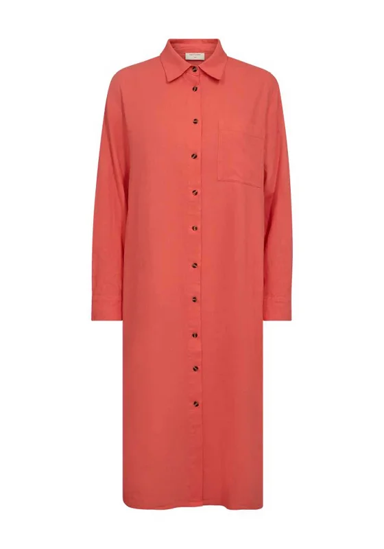 Freequent Lava Linen Midi Shirt Dress, Hot Coral