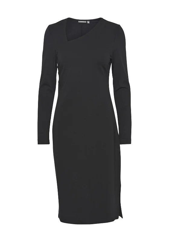 Fransa Asymmetric Neckline Jersey Knee Length Dress, Black