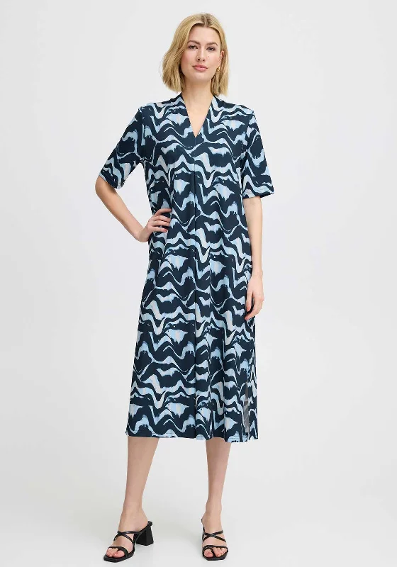 Fransa Seen Abstract Print V Neck Dress, Navy