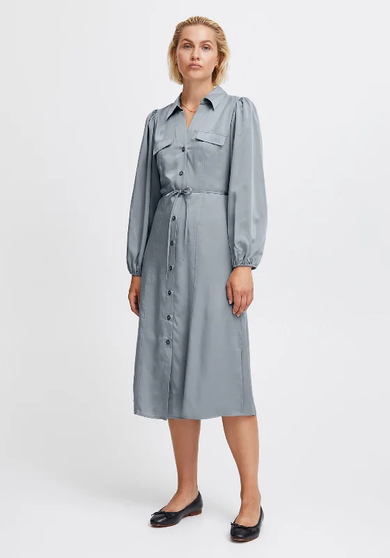 Ichi Donna Midi Shirt Dress, Grey Blue