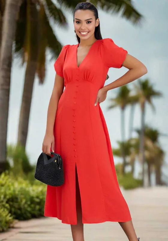 Natalia Collection V Neck Buttoned Midi Dress, Coral