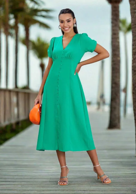 Natalia Collection V Neck Buttoned Midi Dress, Green