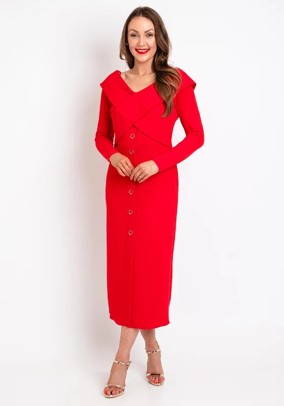 Kameya Cross-Over Bodice Midi Dress, Red