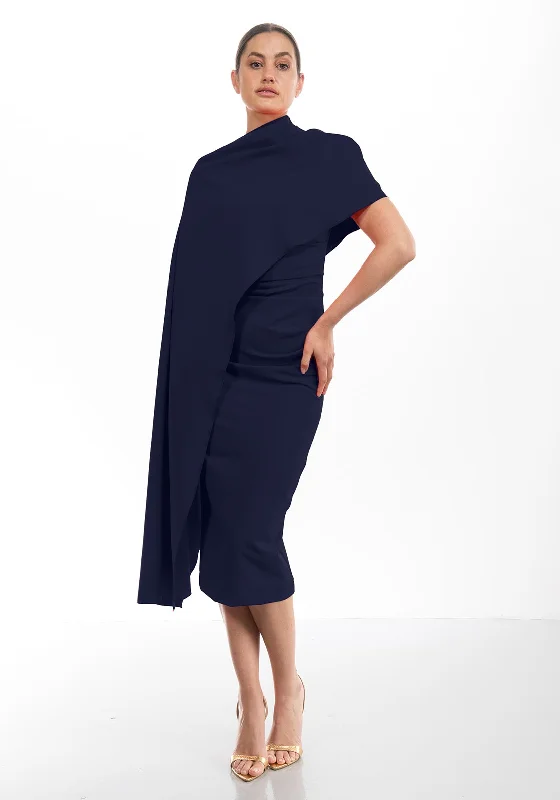 Kevan Jon Alice Cape Sleeve Mide Dress, Navy