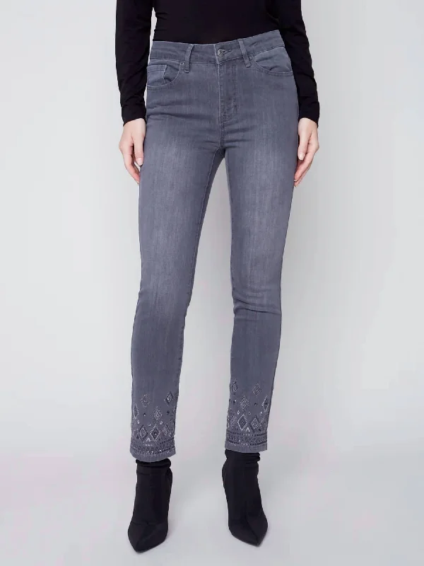 Medium Grey Straight Cut Embellished Denim Pant