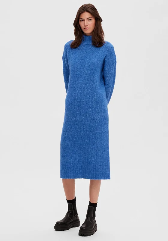 Selected Femme Maline High Neck Knit Jumper Dress, Nebulas Blue