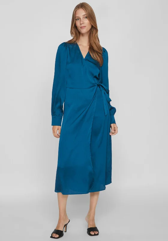 Vila Omi Satin Wrap Midi Dress, Moroccan Blue