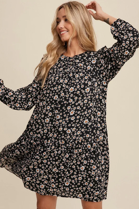 Black Ditzy Flower Print Ruffle Detailed Mini Dress