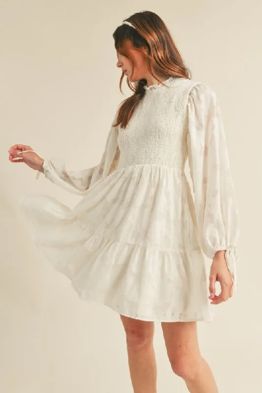 Cream Smocked Jacquard Burnout Mini Dress