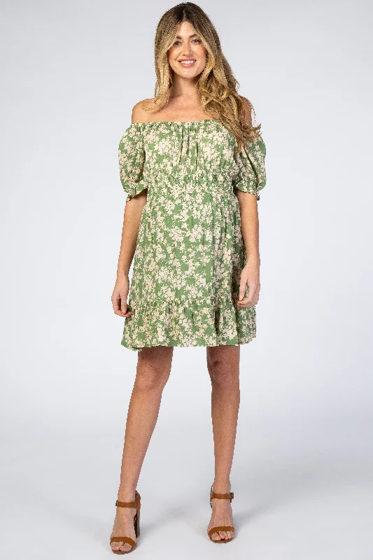 Green Floral Off Shoulder Maternity Mini Dress