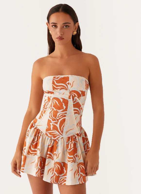 Larnie Linen Mini Dress - Orange Blue Floral