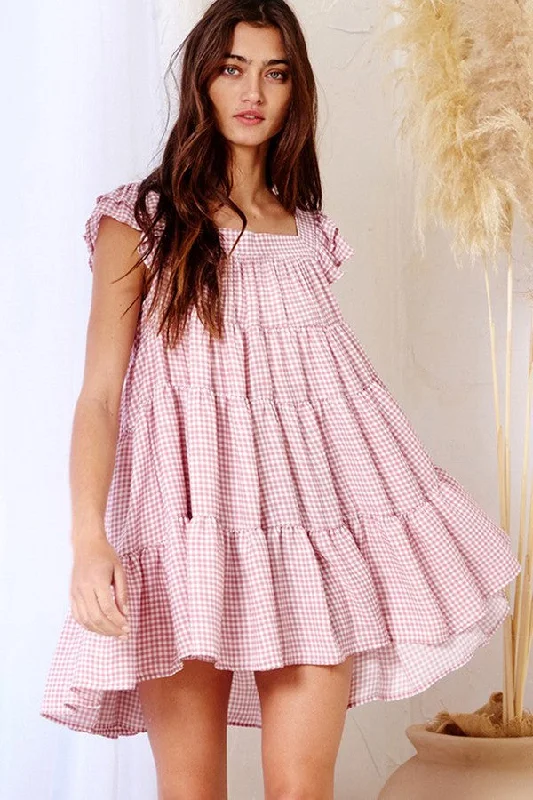 Mauve Gingham Print Tiered Babydoll Mini Dress