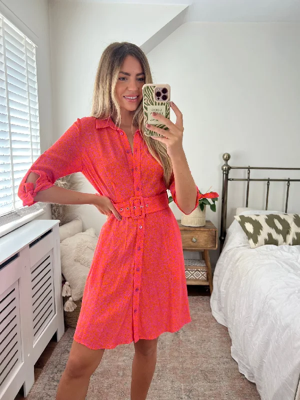 Olivia Mini Belted Shirt Dress / Pink Animal Print