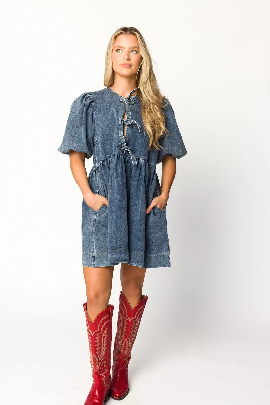 Arlo Denim Mini Babydoll Dress in Medium Wash