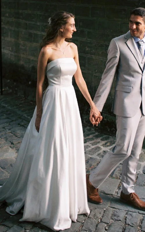 Simple Modest Sleeveless Strapless A-Line Satin Wedding Dress Casual Minimalist Elopement Corset Maxi Bridal Gown