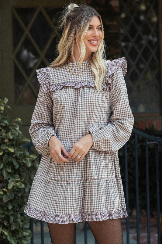 Taupe Ruffle Trim Tiered Skirt Mini Dress