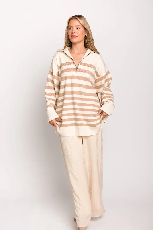 Posey Knit Mini Sweater Tunic with Collared 1/2 Zip in Cream/Sand