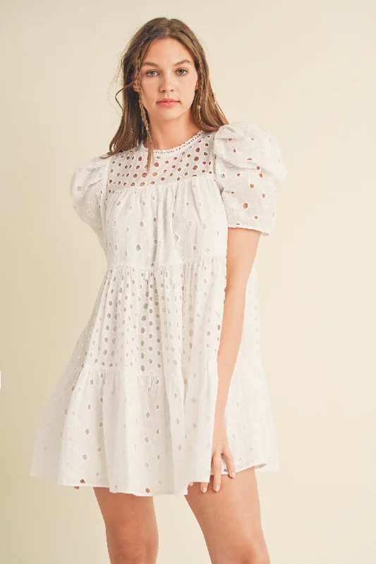 White Floral Eyelet Puff Sleeve Mini Dress