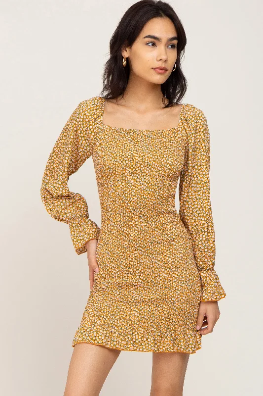 Yellow Ditsy Floral Smocked Long Sleeve Mini Dress