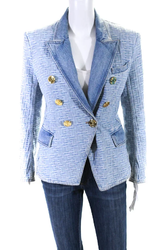 Balmain Womens Denim Wide Lapel Jacket Blue Cotton