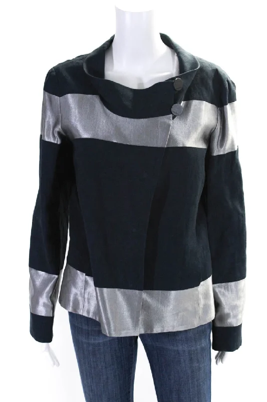 Giorgio Armani Womens Navy Silver Color Block Long Sleeve Jacket