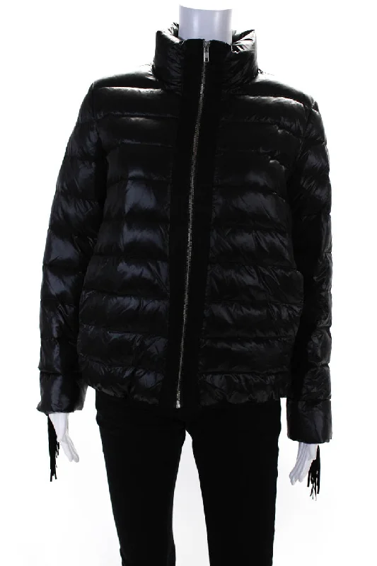 Glamourpuss Womens Striped Quilt Fringe Sleeve Zipped Puffer Jacket Black