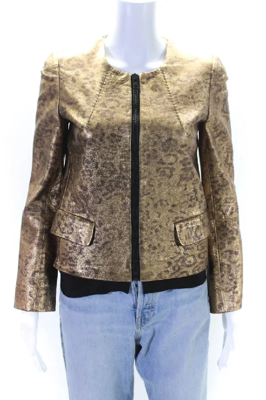 Golden Goose Womens Metallic Leather Leopard Print Jacket Gold