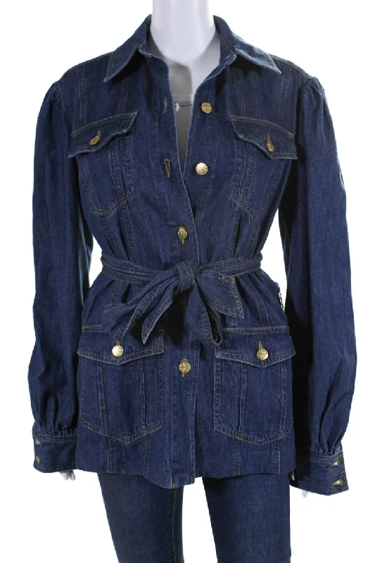 Trina Turk Womens Denim Belted Button Down Odetta Jacket Blue Cotton