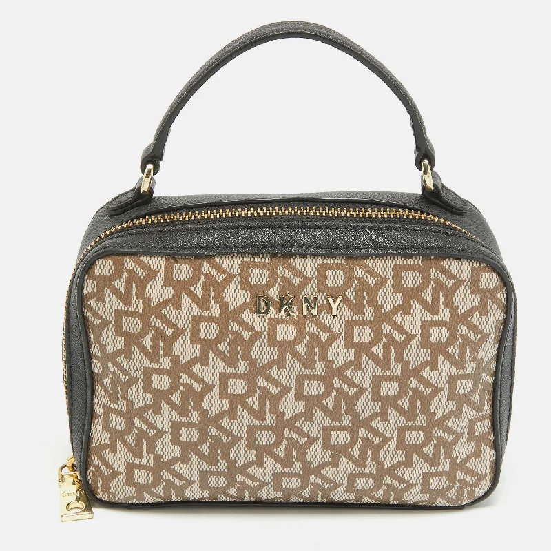 Dkny Black/beige Monogram Coated Canvas And Leather Zip Top Handle Bag