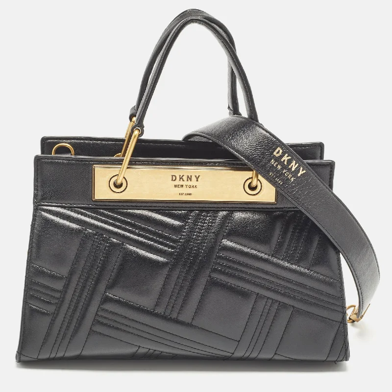 Dkny Black Quilted Leather Frame Top Handle Bag