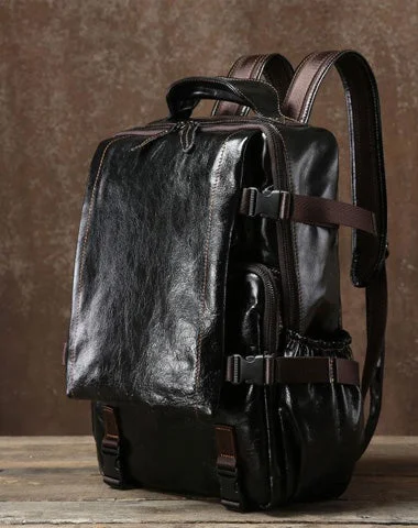 Genuine Leather Mens Cool Black Backpack Laptop Bag Large Travel Bag Hiking Bag for Men