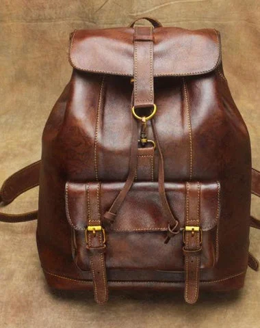 Vintage Lambskin Brown Leather Men's 14'' Laptop Backpack Black Satchel Backpack For Men