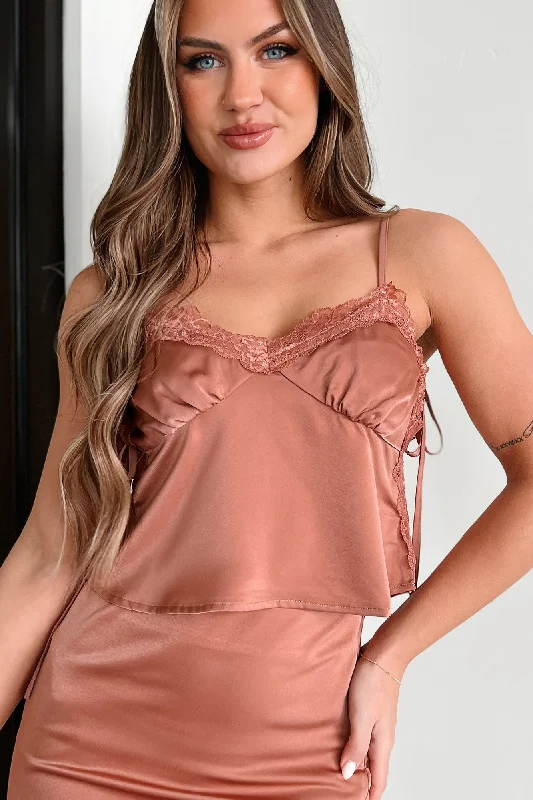 Romantic Thoughts Lace Trim Satin Cami Top (Rosey Brown)