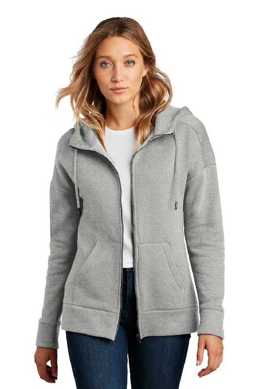 District Womens Perfect Weight Fleece Full Zip Hooded Sweatshirt Hoodie - Heather Steel Grey