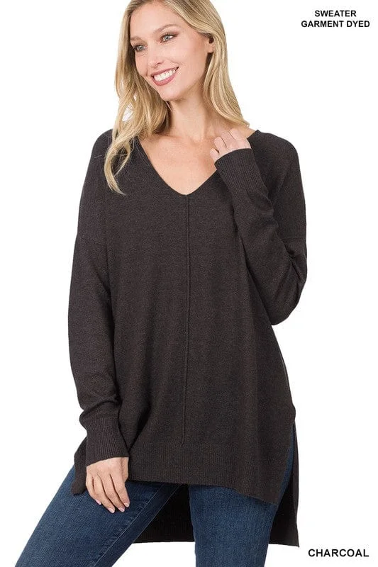 Hi-Low Hem V-Neck Center Seam Sweater *Online Only*