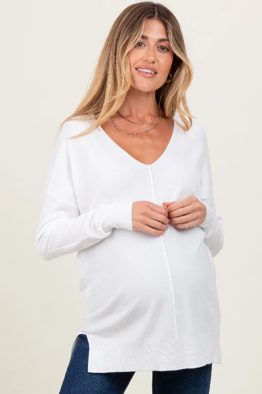 Ivory Front Seam V-Neck Side Slit Maternity Sweater