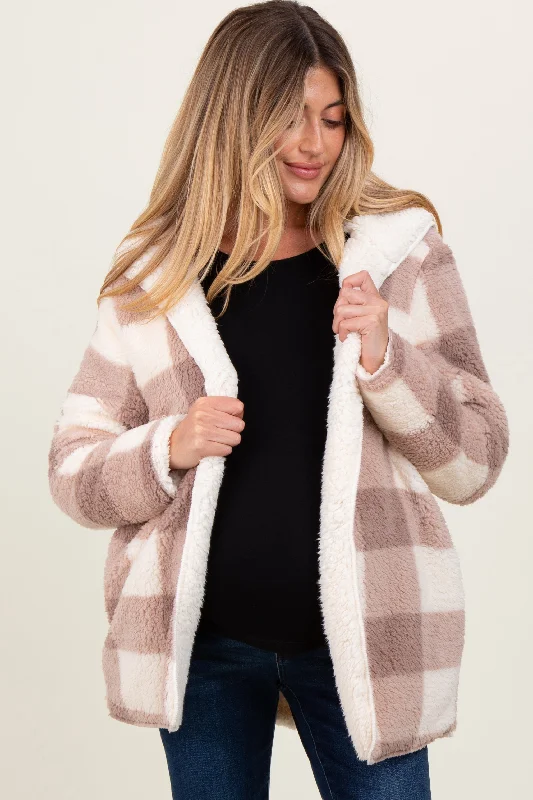 Light Taupe Plaid Teddy Fleece Hooded Maternity Cardigan