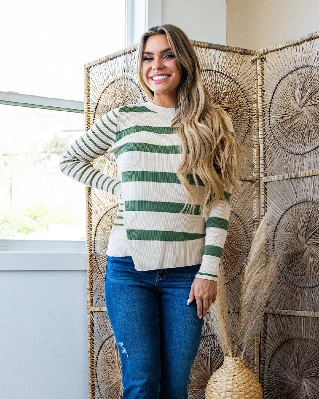 NEW! Kimberly Contrast Stripe Knit Top - Olive & Oatmeal