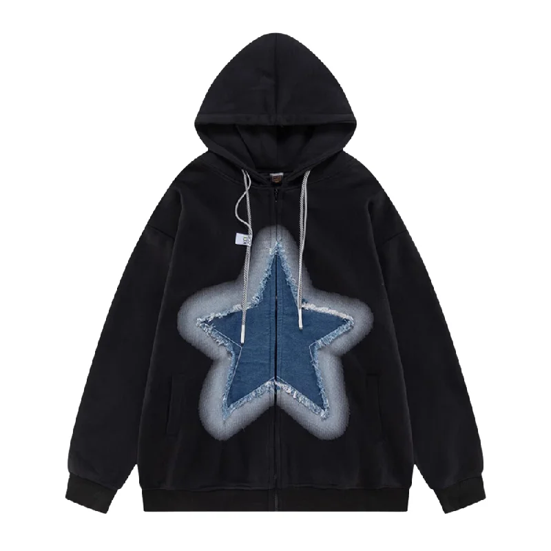 Retro Star Patchwork Denim Hoodie