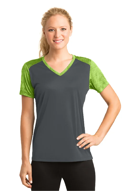 Sport-Tek Womens CamoHex Moisture Wicking Short Sleeve V-Neck T-Shirt - Iron Grey/Lime Shock Green - Closeout