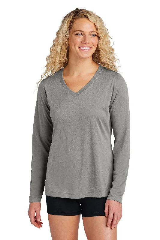 Sport-Tek Womens Competitor Moisture Wicking Long Sleeve V-Neck T-Shirt - Heather Concrete Grey - NEW