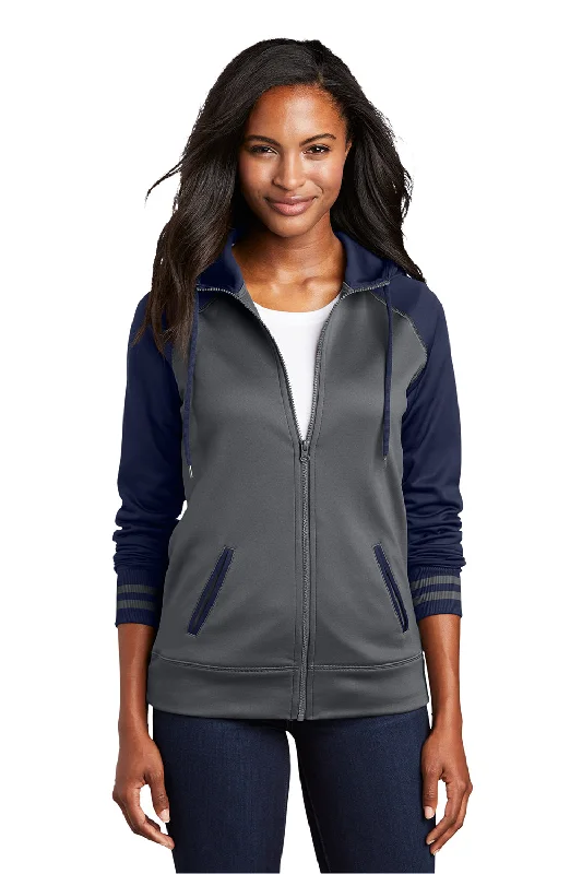 Sport-Tek Womens Sport-Wick Moisture Wicking Fleece Hooded Sweatshirt Hoodie - Dark Smoke Grey/Navy Blue